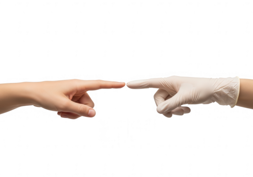 Two hands reaching out to each other isolated on transparent background, one wearing a medical glove