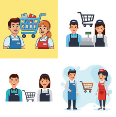 Illustrations of supermarket employees with shopping carts, cash registers, and various poses.