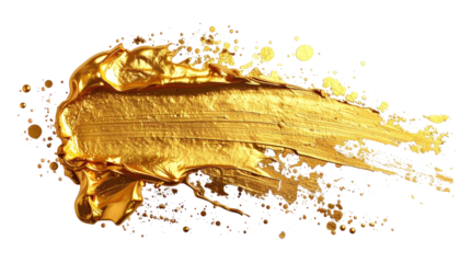 Golden brushstroke against a black background, with texture and splattered dots