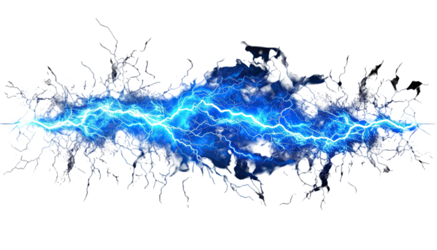 Vivid digital rendering of bright blue electrical energy crackling with immense power, on black background