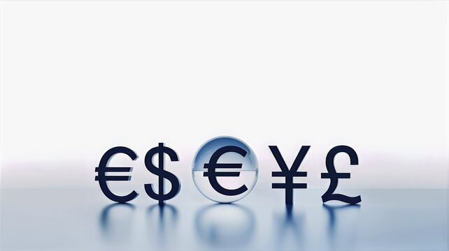 Finance global background with multiple currency symbols euro dollar yen pound icons on clean white minimalist backdrop