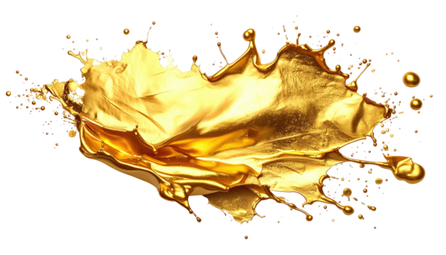 A vibrant splash of liquid gold on a stark black background, showcasing intricate details