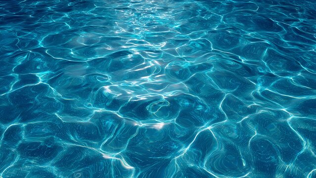 Blue water with reflections of natural light and gentle ripples on the surface. Summer backgrounds, swimming pools, ocean, or aquatic environments.