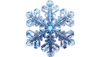 Close-up of a meticulously detailed ice crystal with intricate symmetrical patterns, isolated on black