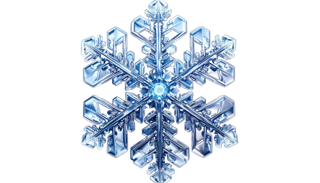 Close-up of a meticulously detailed ice crystal with intricate symmetrical patterns, isolated on black