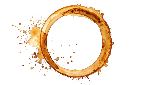Brown coffee stain ring shape with splatters on black background - Powered by Adobe