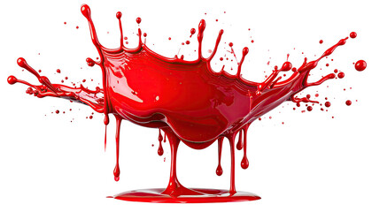 Vivid red liquid erupts, forming a dynamic splash against a stark black background