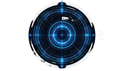 Glowing blue circular interface overlay with digital lines and dots against a black backdrop