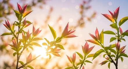 Aesthetic arrangement of natural spring branches, young foliage illuminated by soft sunlight, pastel dreamy sky, airy mood, bokeh effect