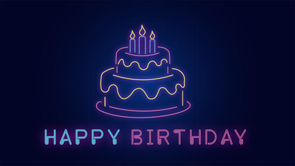 Neon birthday cake glows brightly with candles on a dark background near glowing text illustration