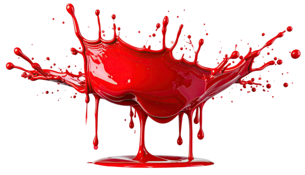 Vivid red liquid erupts, forming a dynamic splash against a stark black background