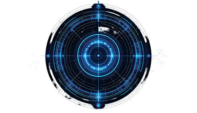 Glowing blue circular interface overlay with digital lines and dots against a black backdrop