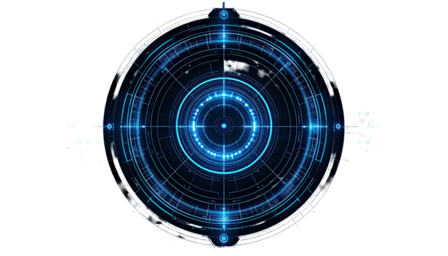 Glowing blue circular interface overlay with digital lines and dots against a black backdrop