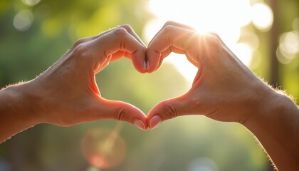 Hands form heart shape outdoors in sunlight with green blurry background. Love gesture symbolizes connection, unity, and positive emotions shared between people. Symbol of affection.