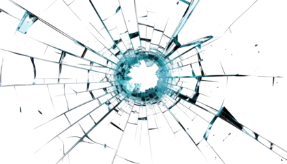 Shattered glass effect with radial fractures and a central dark hole, rendered on a black background