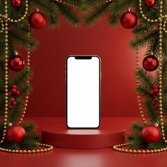 Smartphone mockup with blank white screen standing on red podium surrounded by Christmas ornaments, pine branches, and golden beads, ideal for festive app and product showcase