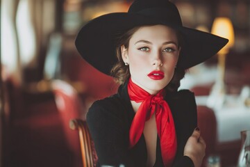 Elegant woman with a wide-brimmed black hat and red scarf poses confidently in a stylish restaurant, showcasing a sophisticated atmosphere and timeless fashion