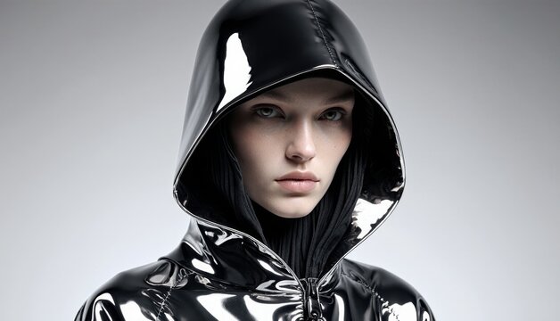 Fashion model showcases sleek modern style in futuristic black attire Generative AI