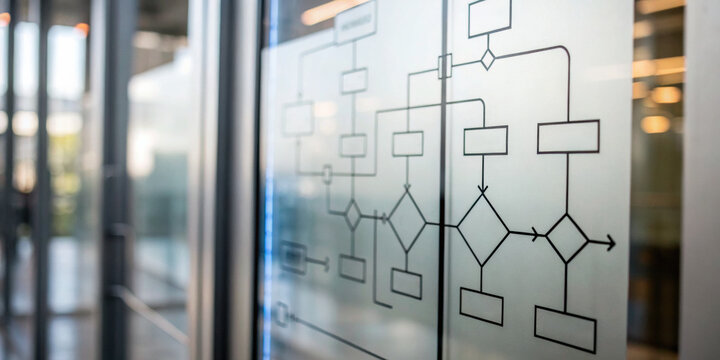 Business flowchart on glass door illustrates clear workflow for successful cash flow management and strategic planning in professional office environment - Powered by Adobe