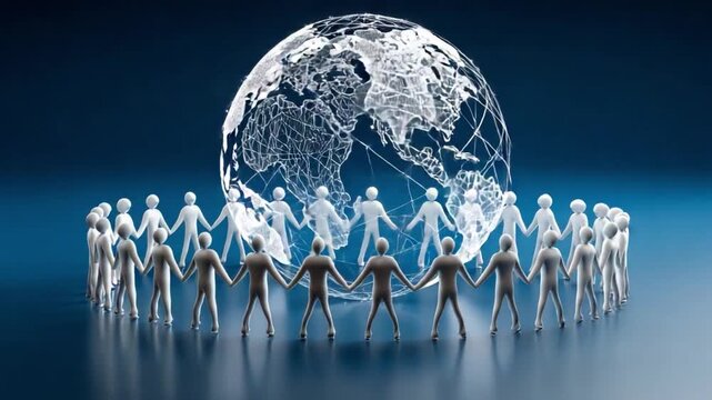Global Unity: A symbol of global cooperation and solidarity, featuring a diverse group of figures holding hands in a circle around the earth, representing interconnectedness and harmony.