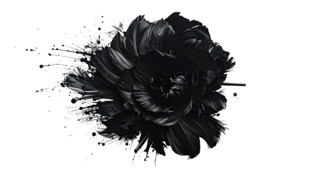 Dark floral bloom bursting from a central point, painted with textured dark material, against black
