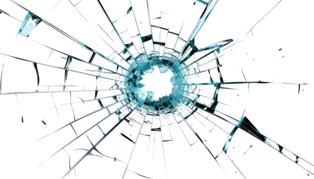 Shattered glass effect with radial fractures and a central dark hole, rendered on a black background