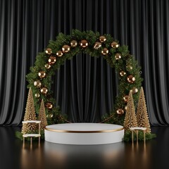 Elegant Christmas podium surrounded by pine garland, golden ornaments, and metallic trees against black curtain background, perfect for premium festive product display