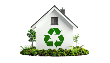 Eco-friendly home icon with recycle symbol on it, surrounded by plants and lush greenery