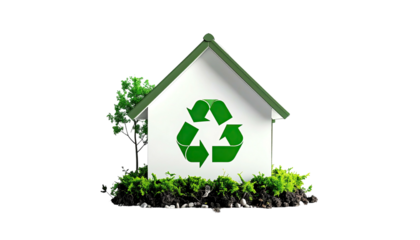 A small white house with green roof and a recycling symbol, surrounded by greenery