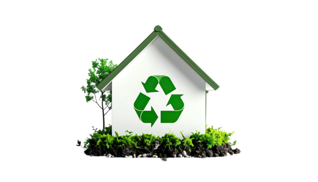 A small white house with green roof and a recycling symbol, surrounded by greenery