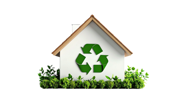 Eco-friendly house illustration with a recycle symbol, surrounded by greenery - Powered by Adobe