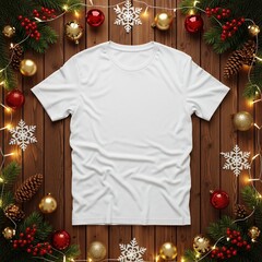 Clean plain white t-shirt mockup surrounded by red and gold Christmas ornaments, pine leaves, and sparkling fairy lights for elegant festive apparel presentation