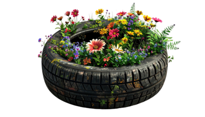 A tire repurposed as a planter overflows with colorful, diverse flowers, on a black backdrop