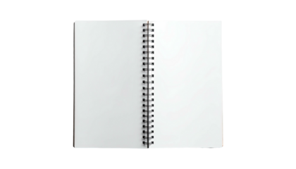Open notebook with blank white pages and a black spiral binding on a black background