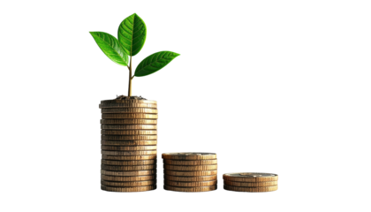 Stacks of coins representing growth with a plant sprouting from the top