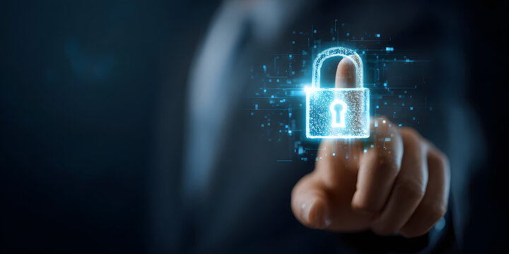 cybersecurity protection with a businessman holding a digital padlock for login identity verification and credentials secure network system for data privacy and protection