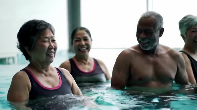 A smooth tracking video of three ethnically diverse senior adults, two women, one man, joyfully doing water exercises in a modern indoor pool with diffused natural light and greenery, reflecting