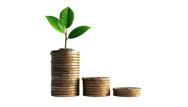 Stacks of coins representing growth with a plant sprouting from the top