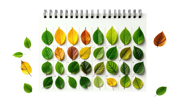 A calendar showing various colorful leaves