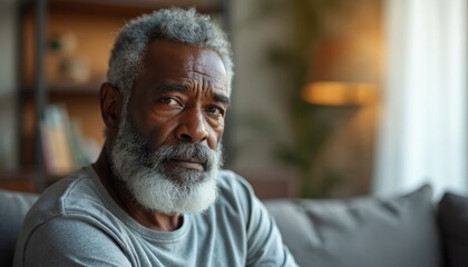 Mature African American man with grey beard sits on sofa. He looks directly ahead with a serious thoughtful expression. His face shows wrinkles and experience. He wears simple gray shirt.
