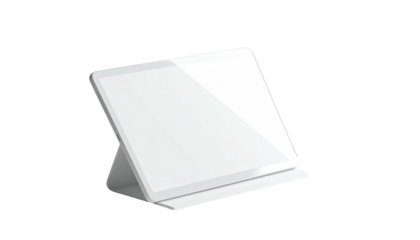 Digitized white tablet propped open against a dark backdrop, perfect for presentations or work