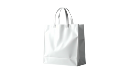 A blank white shopping tote bag against a stark black background, showcasing its shape