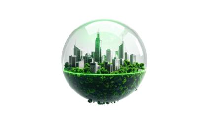A cityscape illustration encased in a glass sphere, representing environmental awareness