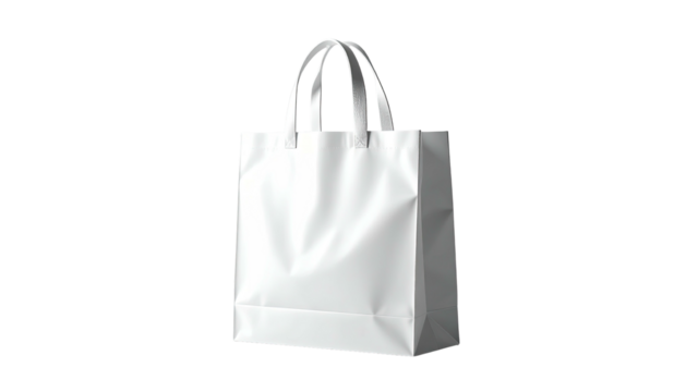 A blank white shopping tote bag against a stark black background, showcasing its shape