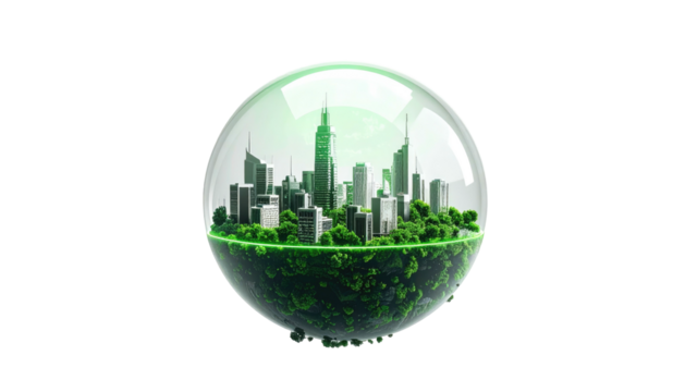 A cityscape illustration encased in a glass sphere, representing environmental awareness