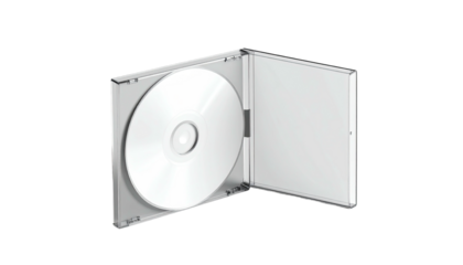 Open CD case with a blank disc inside, presented on a black background, studio shot