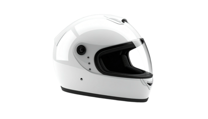 Pristine white motorcycle helmet, glossy finish with dark visor, isolated on black background