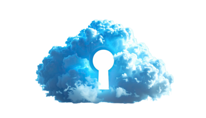 A fluffy, bright blue cloud, shaped with a keyhole cut out, on a black background