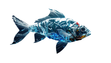 A translucent fish constructed from clear plastic, rendered on a stark, black background