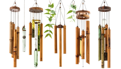Various wind chimes in bamboo and wood, hanging with greenery